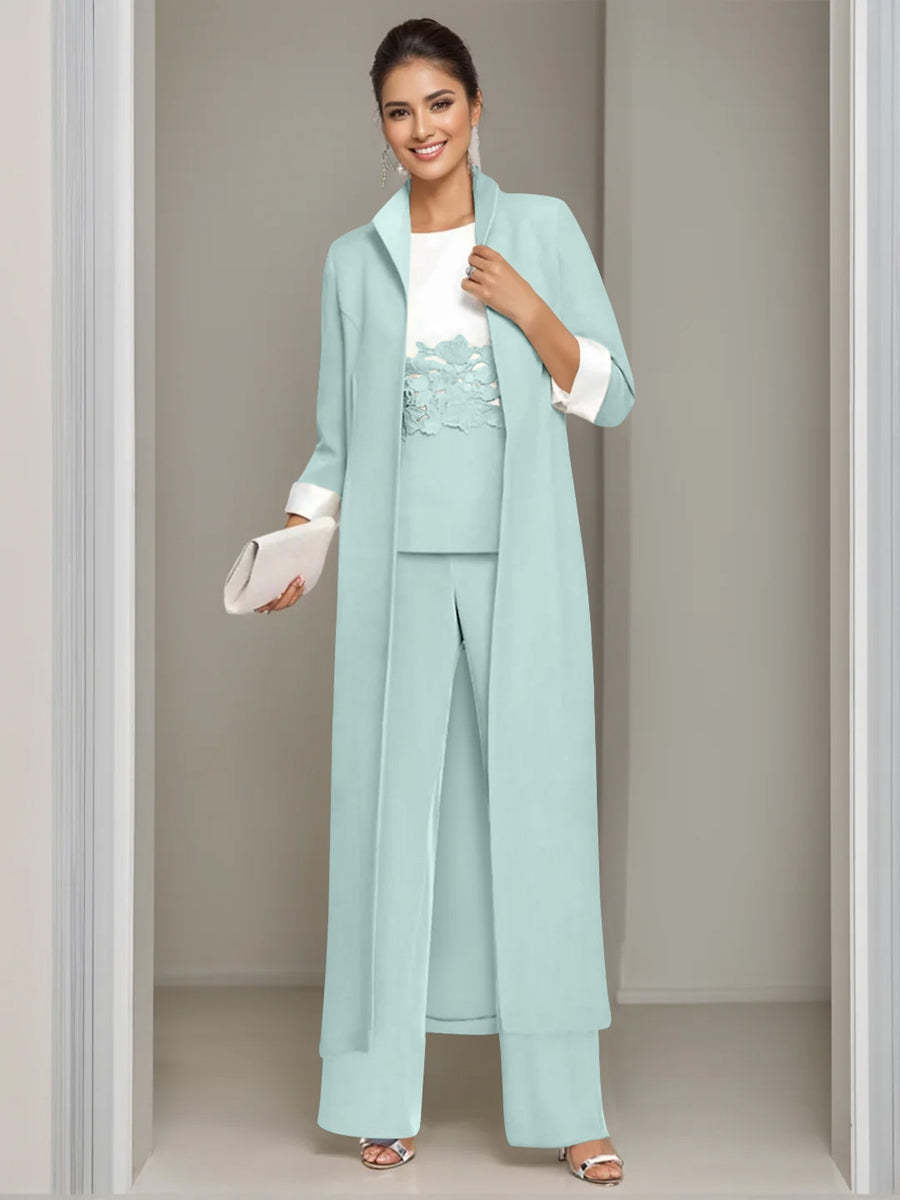 Ankle-Length Mother of the Bride Pantsuits in 3 Pieces Featuring Square Neck Jacket & Lace Appliques