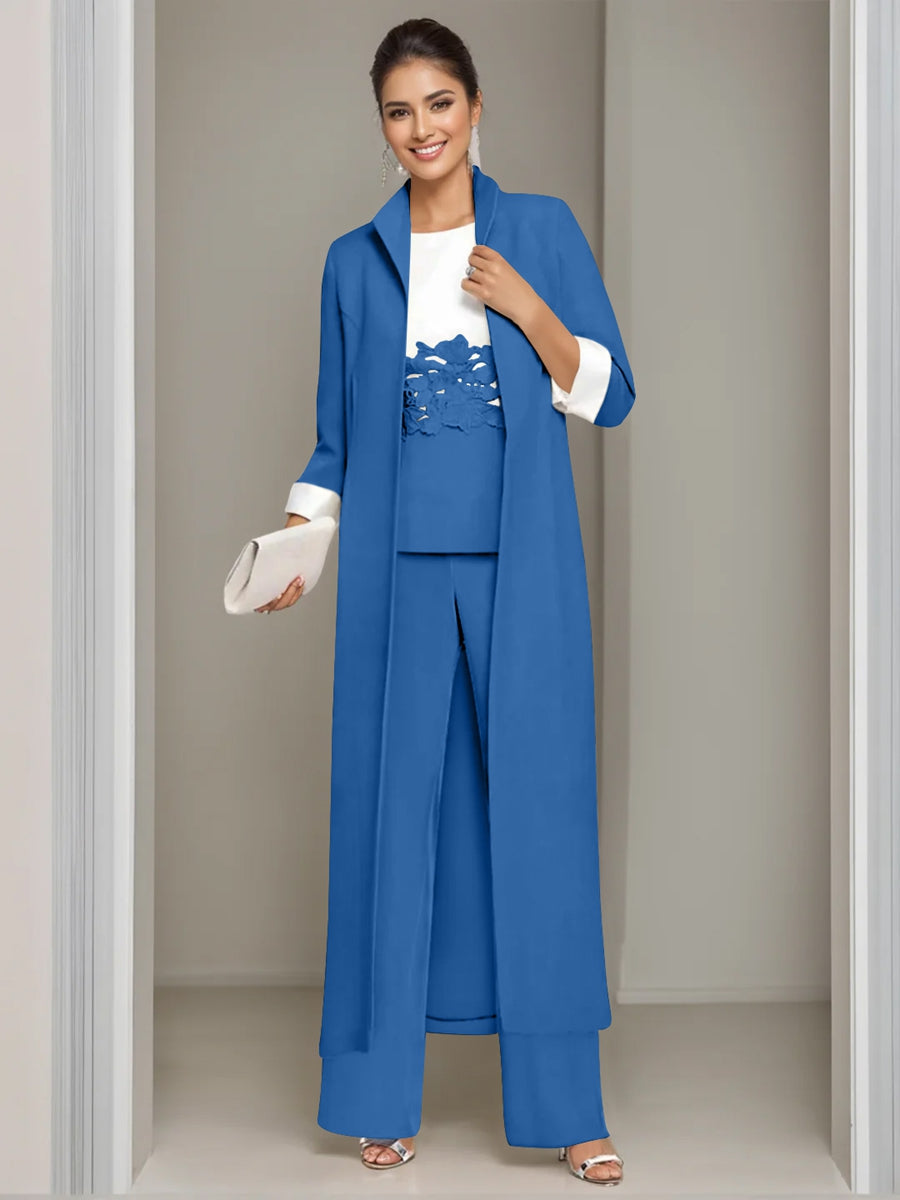 Ankle-Length Mother of the Bride Pantsuits in 3 Pieces Featuring Square Neck Jacket & Lace Appliques