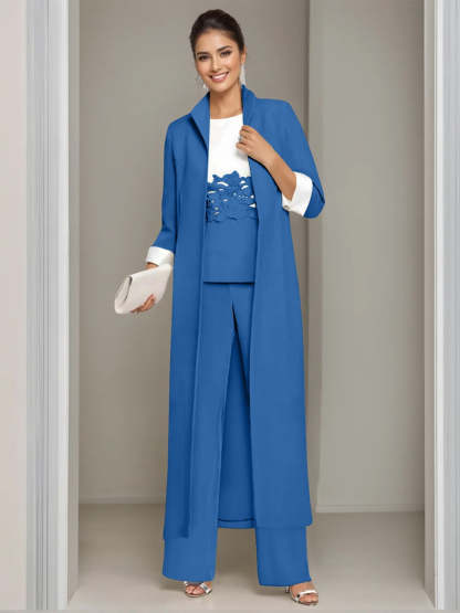 Ankle-Length Mother of the Bride Pantsuits in 3 Pieces Featuring Square Neck Jacket & Lace Appliques