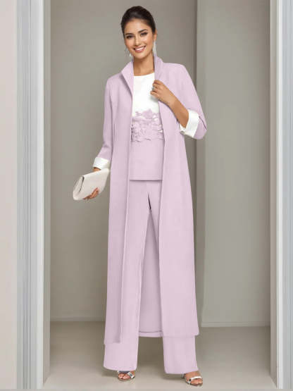 Ankle-Length Mother of the Bride Pantsuits in 3 Pieces Featuring Square Neck Jacket & Lace Appliques