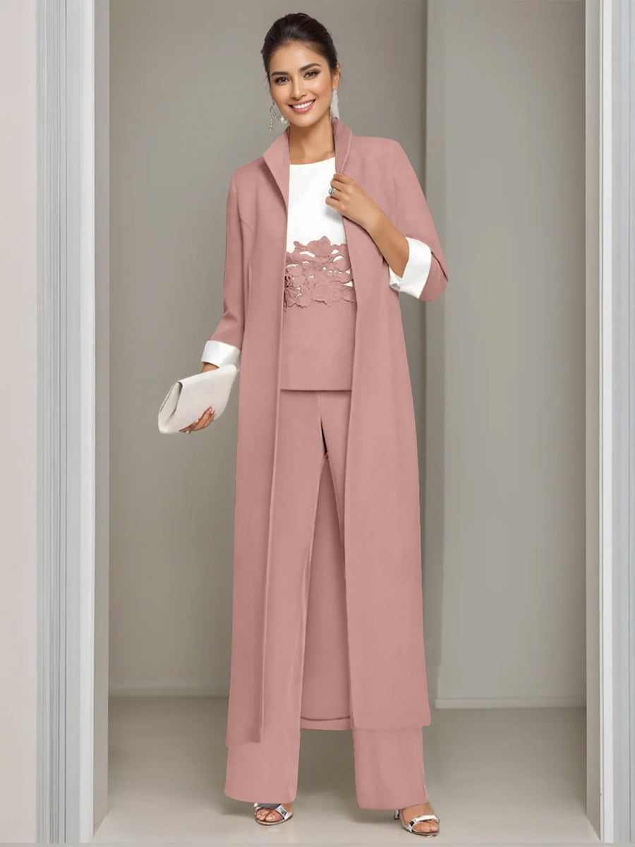 Ankle-Length Mother of the Bride Pantsuits in 3 Pieces Featuring Square Neck Jacket & Lace Appliques