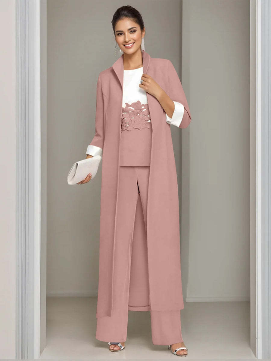 Ankle-Length Mother of the Bride Pantsuits in 3 Pieces Featuring Square Neck Jacket & Lace Appliques