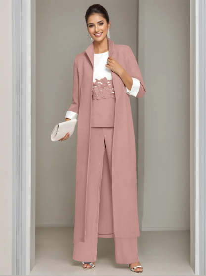 Ankle-Length Mother of the Bride Pantsuits in 3 Pieces Featuring Square Neck Jacket & Lace Appliques