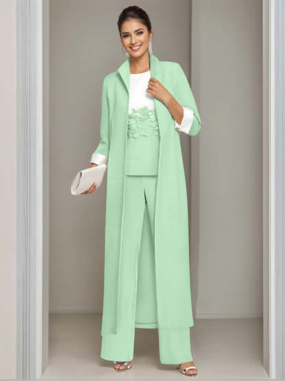 Ankle-Length Mother of the Bride Pantsuits in 3 Pieces Featuring Square Neck Jacket & Lace Appliques