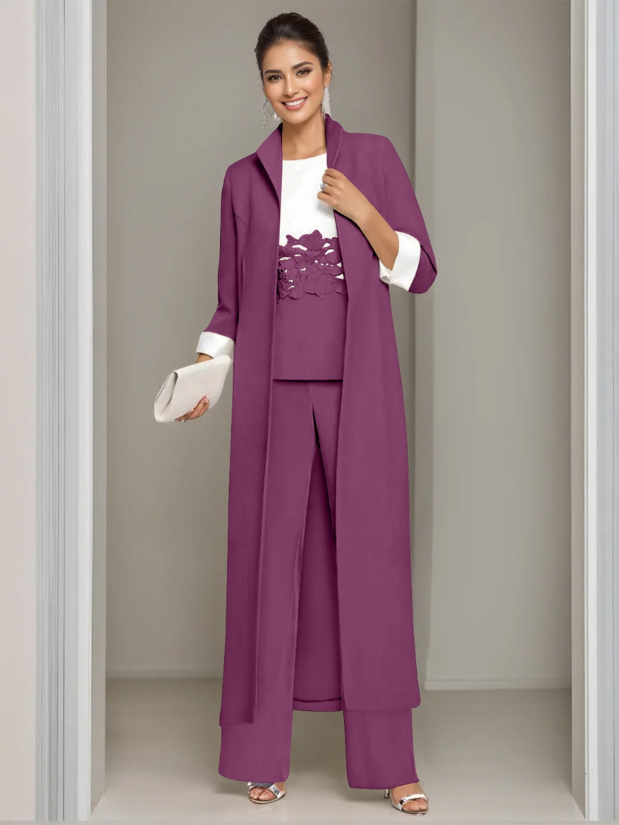 Ankle-Length Mother of the Bride Pantsuits in 3 Pieces Featuring Square Neck Jacket & Lace Appliques