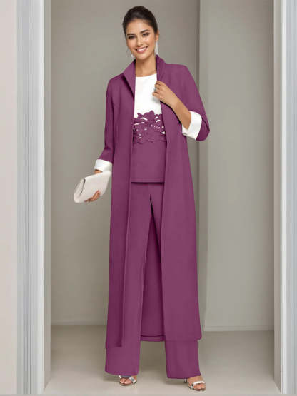 Ankle-Length Mother of the Bride Pantsuits in 3 Pieces Featuring Square Neck Jacket & Lace Appliques