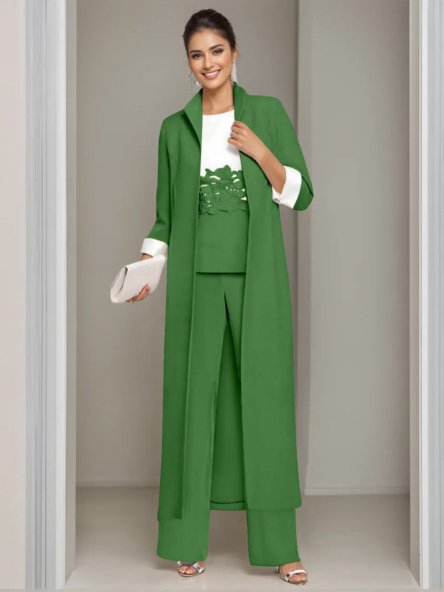 Ankle-Length Mother of the Bride Pantsuits in 3 Pieces Featuring Square Neck Jacket & Lace Appliques