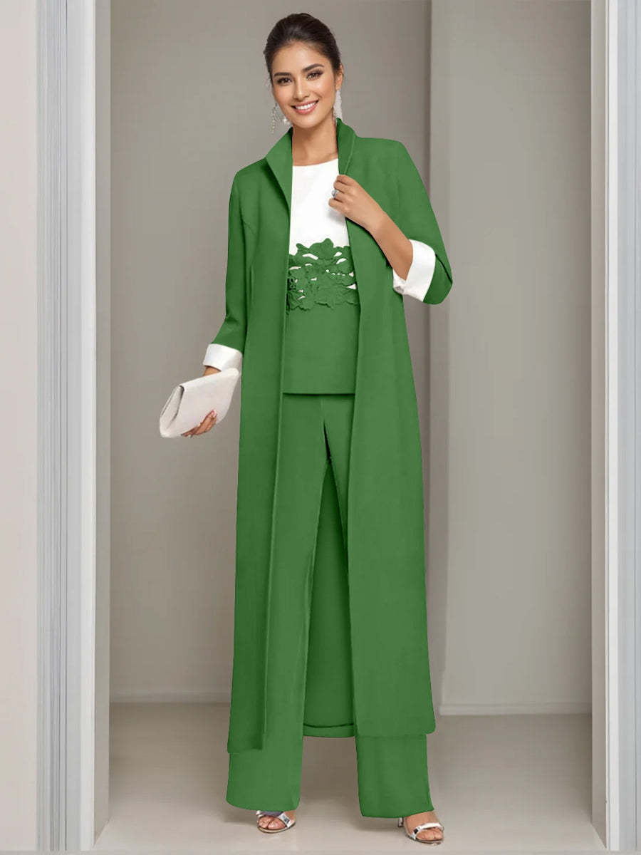 Ankle-Length Mother of the Bride Pantsuits in 3 Pieces Featuring Square Neck Jacket & Lace Appliques