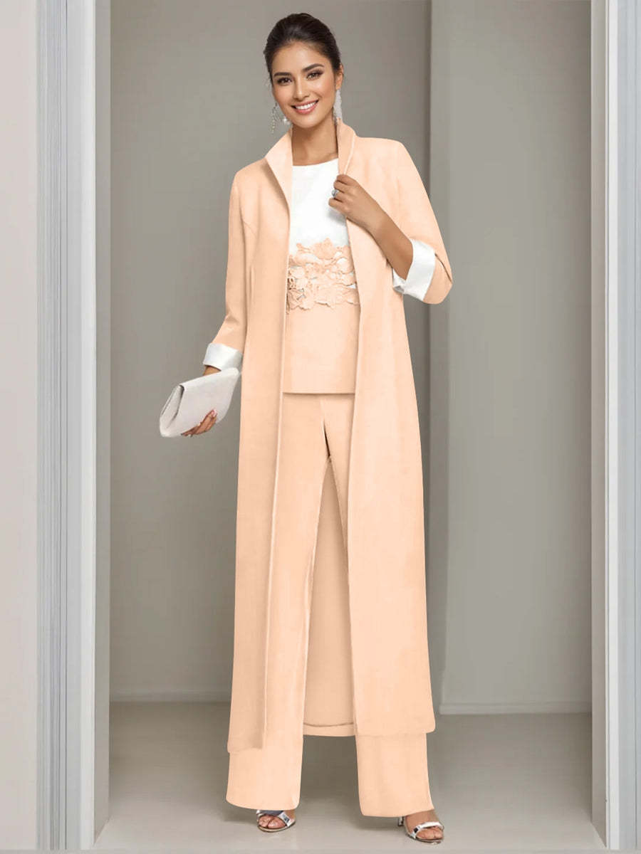Ankle-Length Mother of the Bride Pantsuits in 3 Pieces Featuring Square Neck Jacket & Lace Appliques
