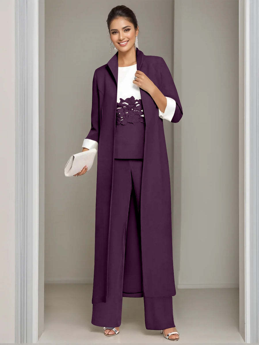 Ankle-Length Mother of the Bride Pantsuits in 3 Pieces Featuring Square Neck Jacket & Lace Appliques