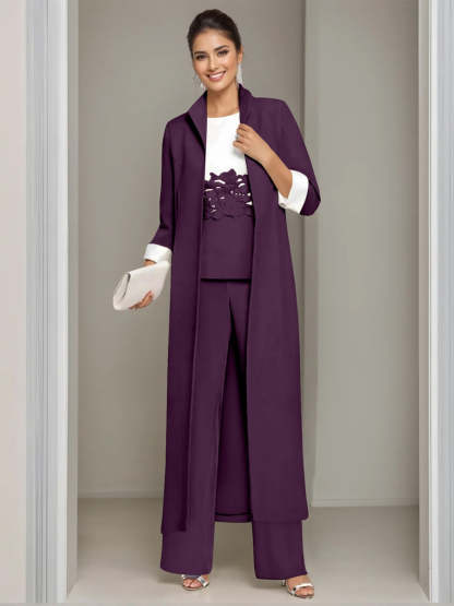 Ankle-Length Mother of the Bride Pantsuits in 3 Pieces Featuring Square Neck Jacket & Lace Appliques