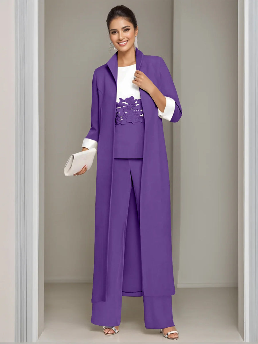 Ankle-Length Mother of the Bride Pantsuits in 3 Pieces Featuring Square Neck Jacket & Lace Appliques