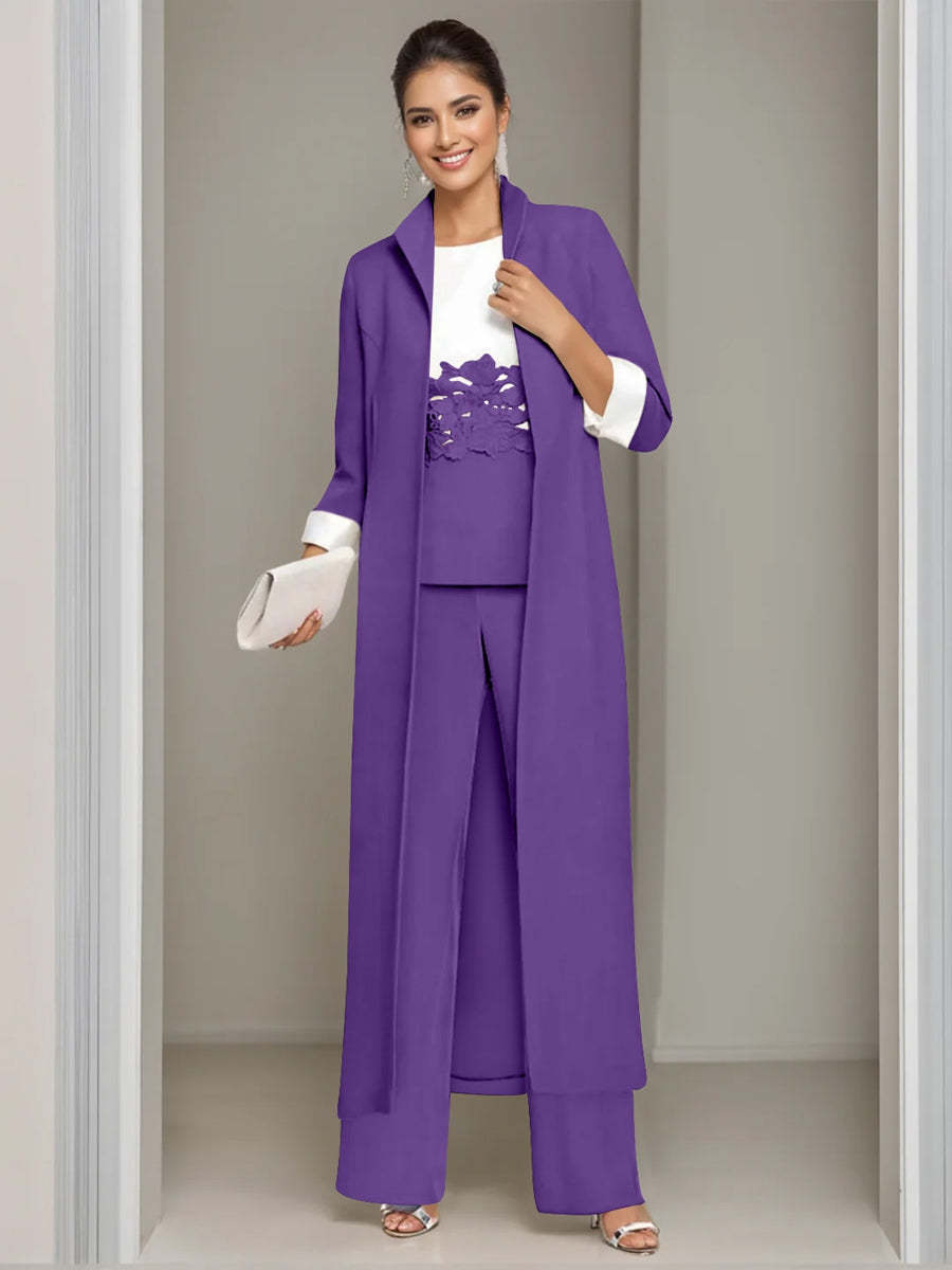 Ankle-Length Mother of the Bride Pantsuits in 3 Pieces Featuring Square Neck Jacket & Lace Appliques