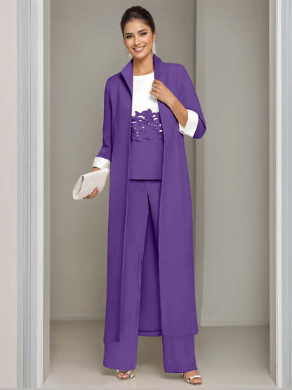 Ankle-Length Mother of the Bride Pantsuits in 3 Pieces Featuring Square Neck Jacket & Lace Appliques