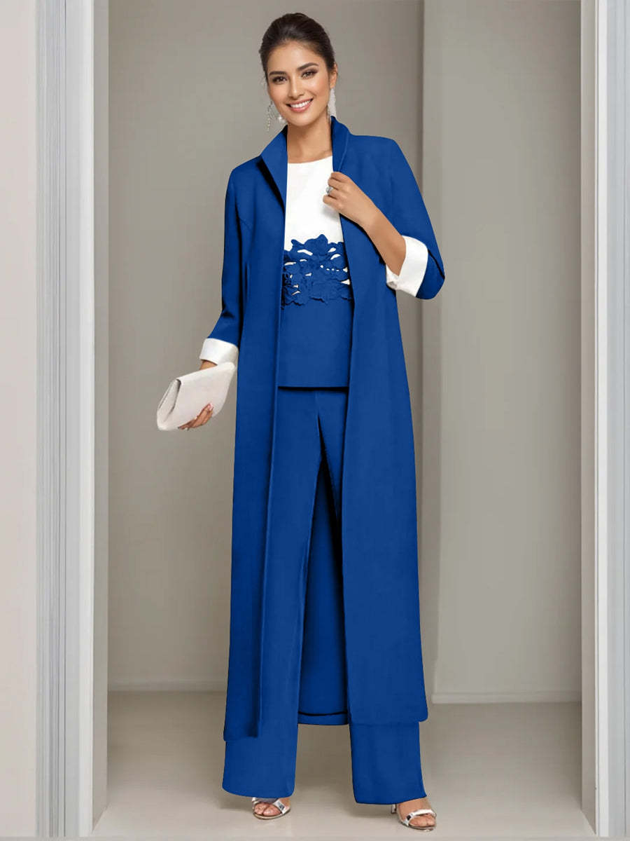 Ankle-Length Mother of the Bride Pantsuits in 3 Pieces Featuring Square Neck Jacket & Lace Appliques