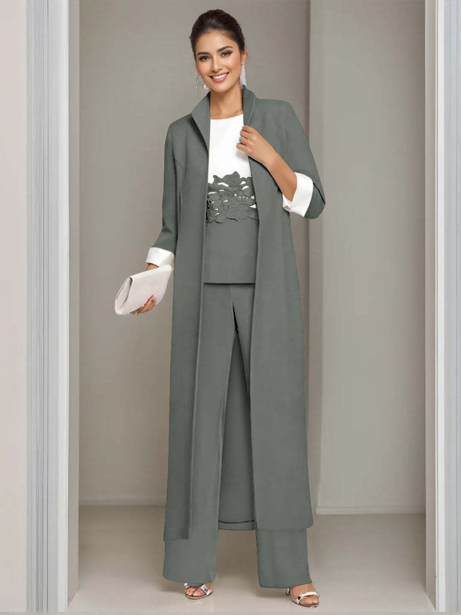 Ankle-Length Mother of the Bride Pantsuits in 3 Pieces Featuring Square Neck Jacket & Lace Appliques