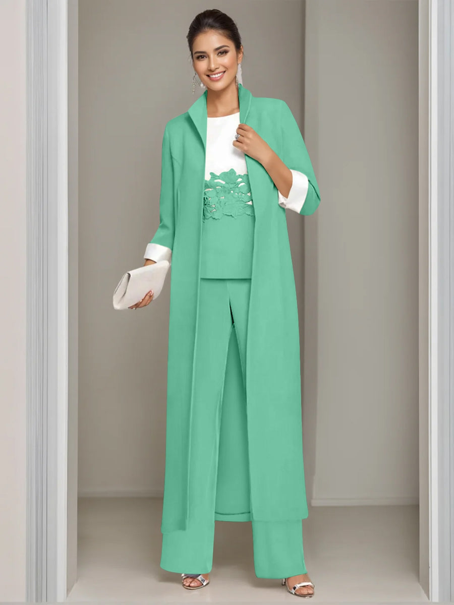 Ankle-Length Mother of the Bride Pantsuits in 3 Pieces Featuring Square Neck Jacket & Lace Appliques