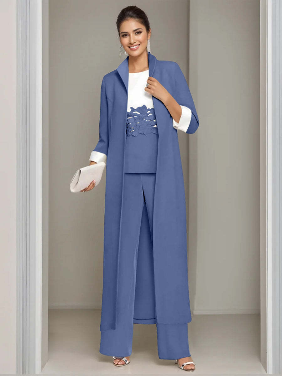 Ankle-Length Mother of the Bride Pantsuits in 3 Pieces Featuring Square Neck Jacket & Lace Appliques