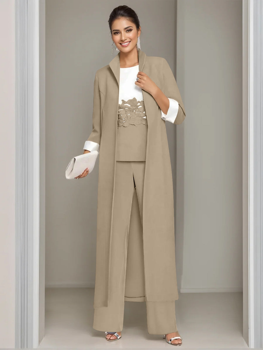 Ankle-Length Mother of the Bride Pantsuits in 3 Pieces Featuring Square Neck Jacket & Lace Appliques