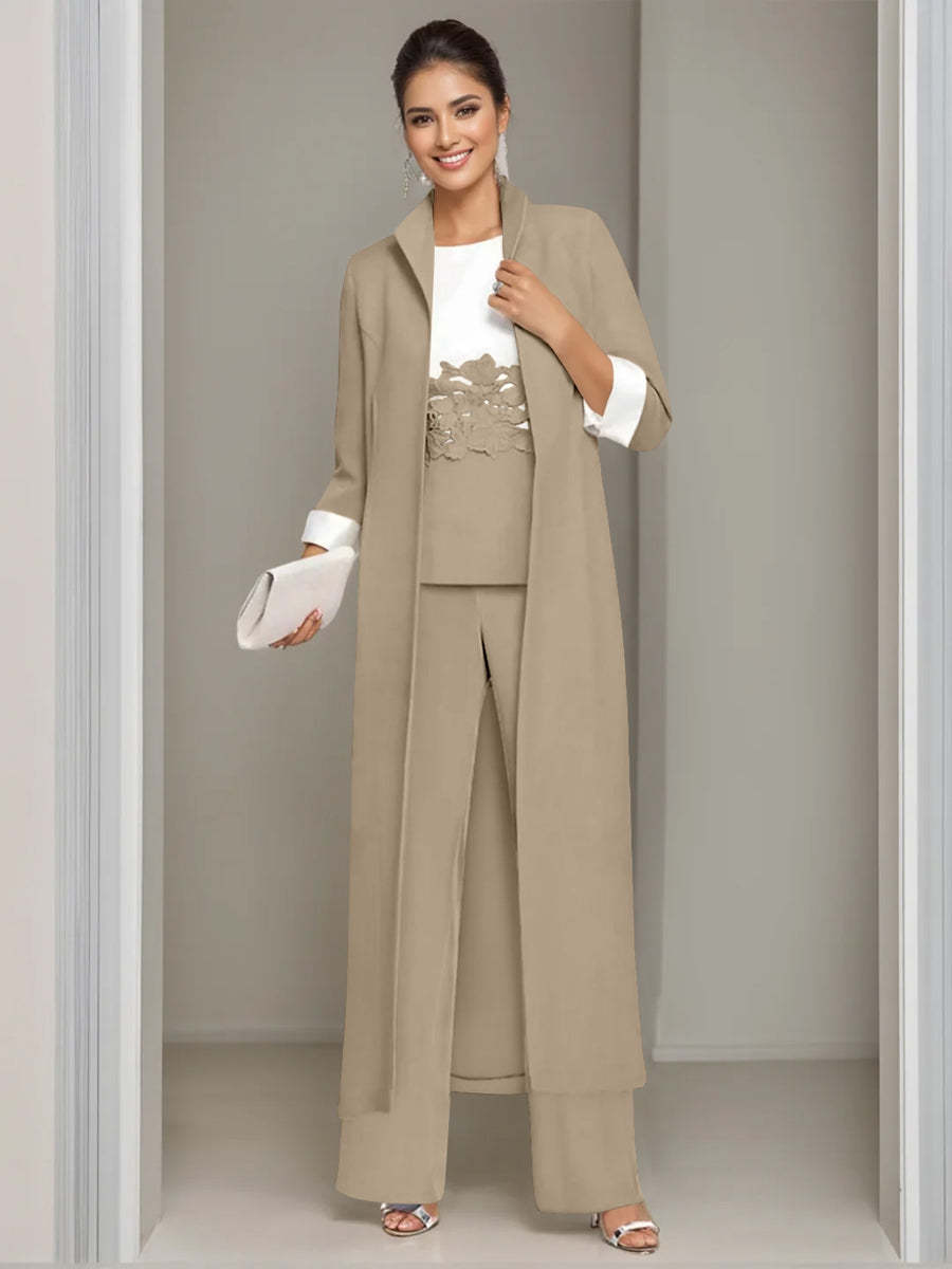 Ankle-Length Mother of the Bride Pantsuits in 3 Pieces Featuring Square Neck Jacket & Lace Appliques