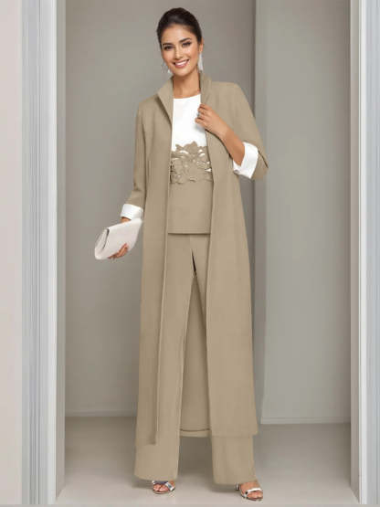 Ankle-Length Mother of the Bride Pantsuits in 3 Pieces Featuring Square Neck Jacket & Lace Appliques