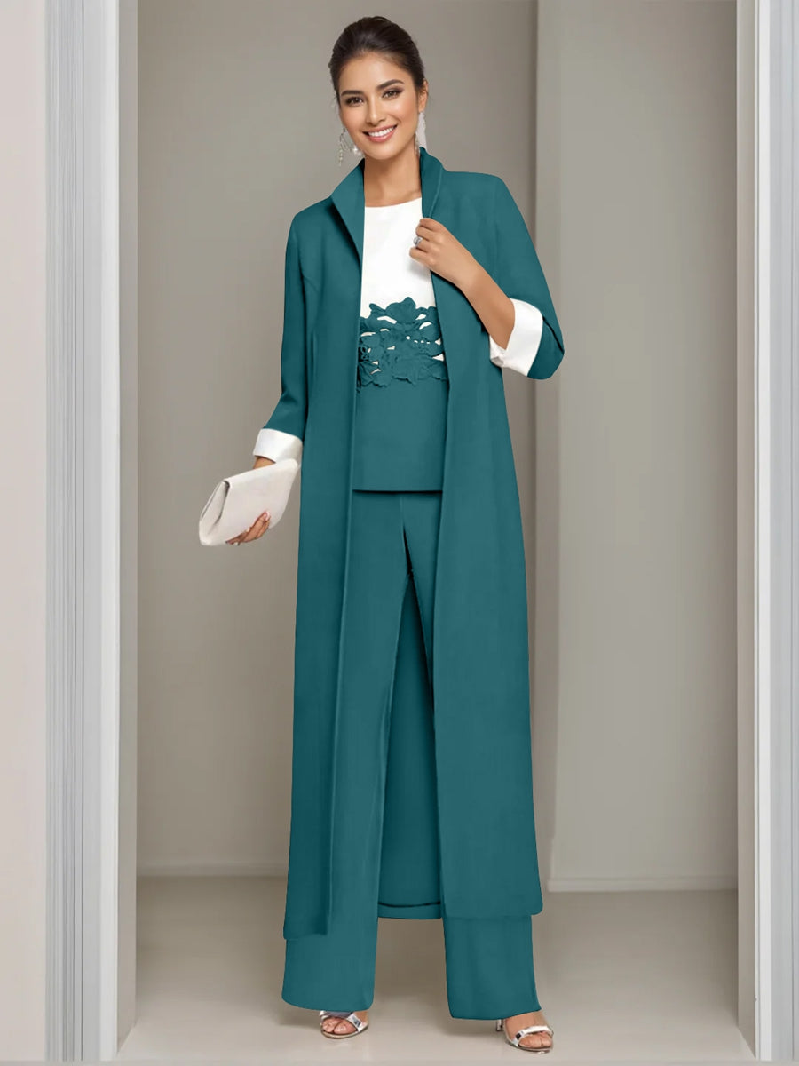 Ankle-Length Mother of the Bride Pantsuits in 3 Pieces Featuring Square Neck Jacket & Lace Appliques