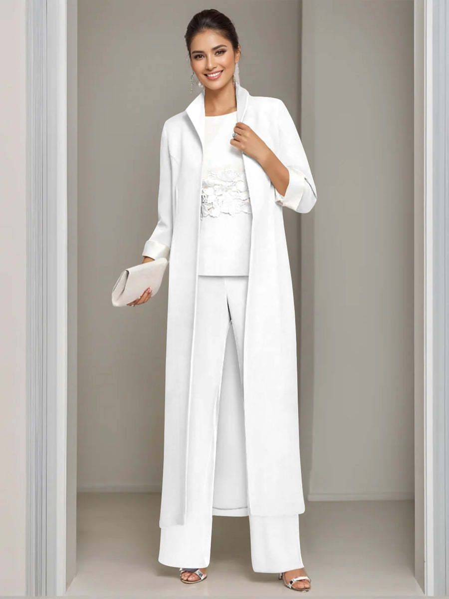 Ankle-Length Mother of the Bride Pantsuits in 3 Pieces Featuring Square Neck Jacket & Lace Appliques