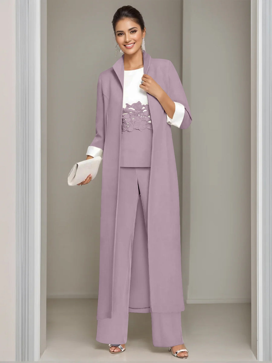 Ankle-Length Mother of the Bride Pantsuits in 3 Pieces Featuring Square Neck Jacket & Lace Appliques