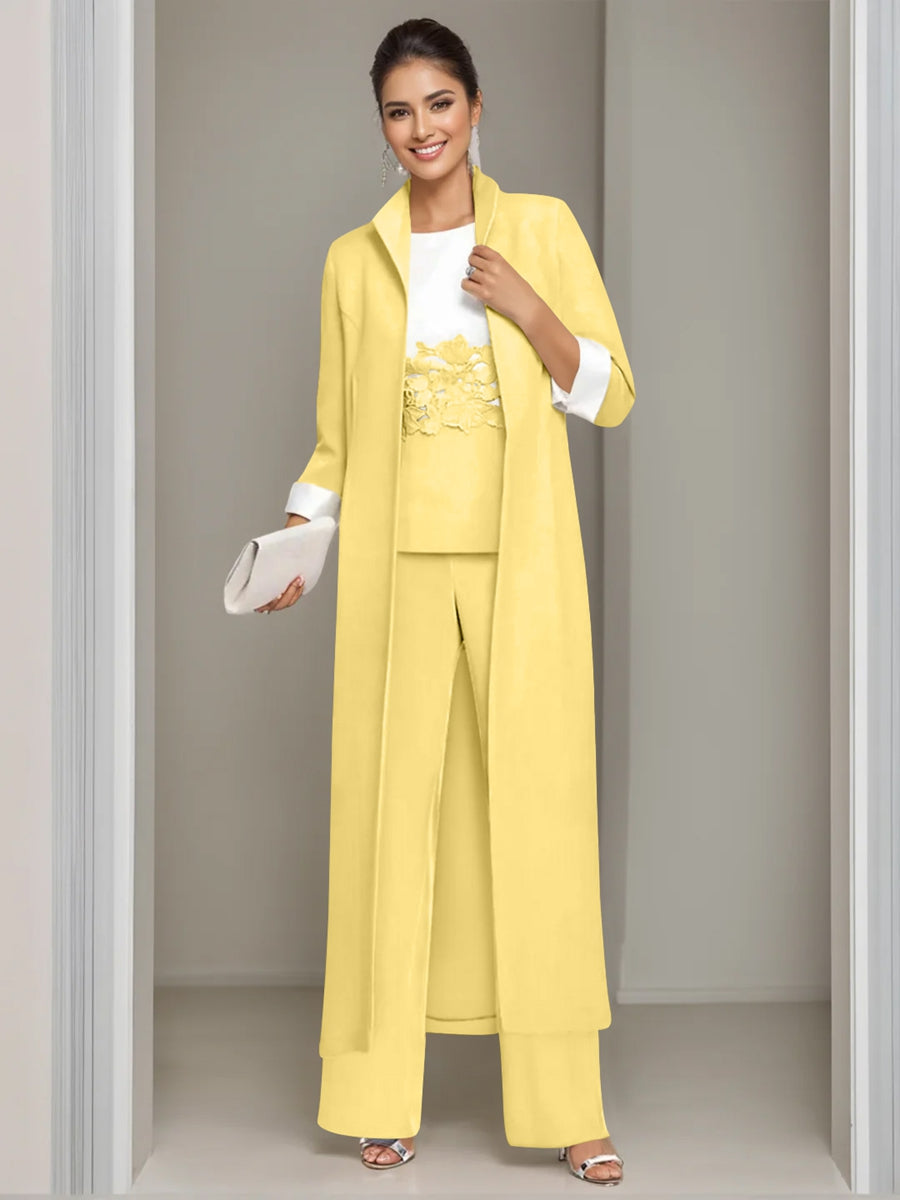 Ankle-Length Mother of the Bride Pantsuits in 3 Pieces Featuring Square Neck Jacket & Lace Appliques