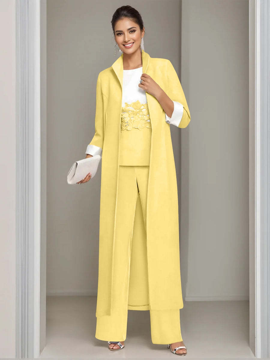 Ankle-Length Mother of the Bride Pantsuits in 3 Pieces Featuring Square Neck Jacket & Lace Appliques