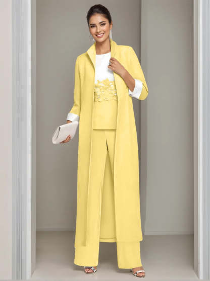 Ankle-Length Mother of the Bride Pantsuits in 3 Pieces Featuring Square Neck Jacket & Lace Appliques