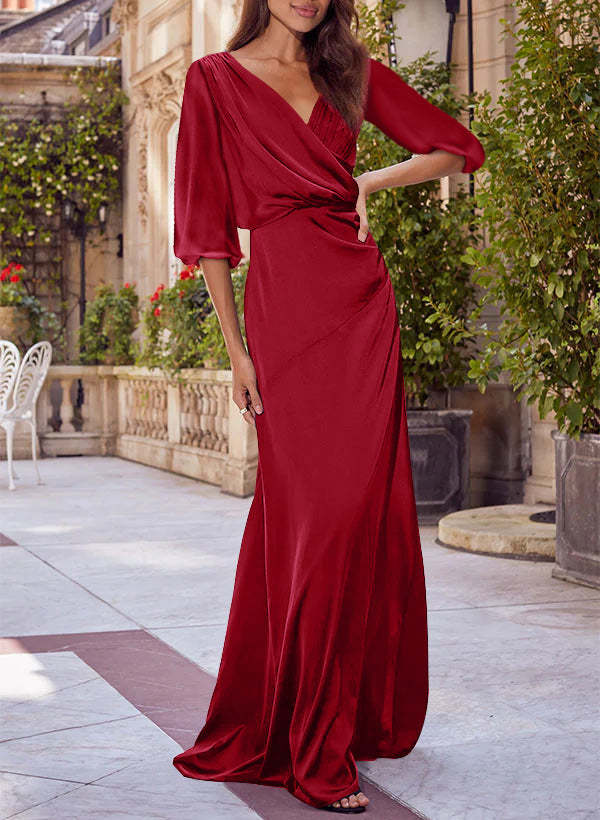 Red V-neck Floral Print Column Dress for Mothers of the Bride & Groom-BMbridal