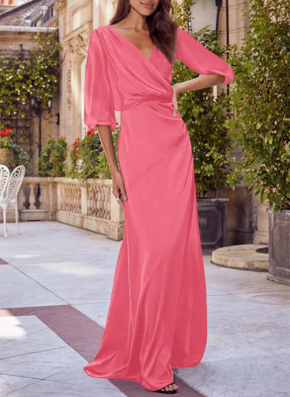 Red V-neck Floral Print Column Dress for Mothers of the Bride & Groom-BMbridal