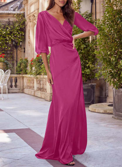 Red V-neck Floral Print Column Dress for Mothers of the Bride & Groom-BMbridal