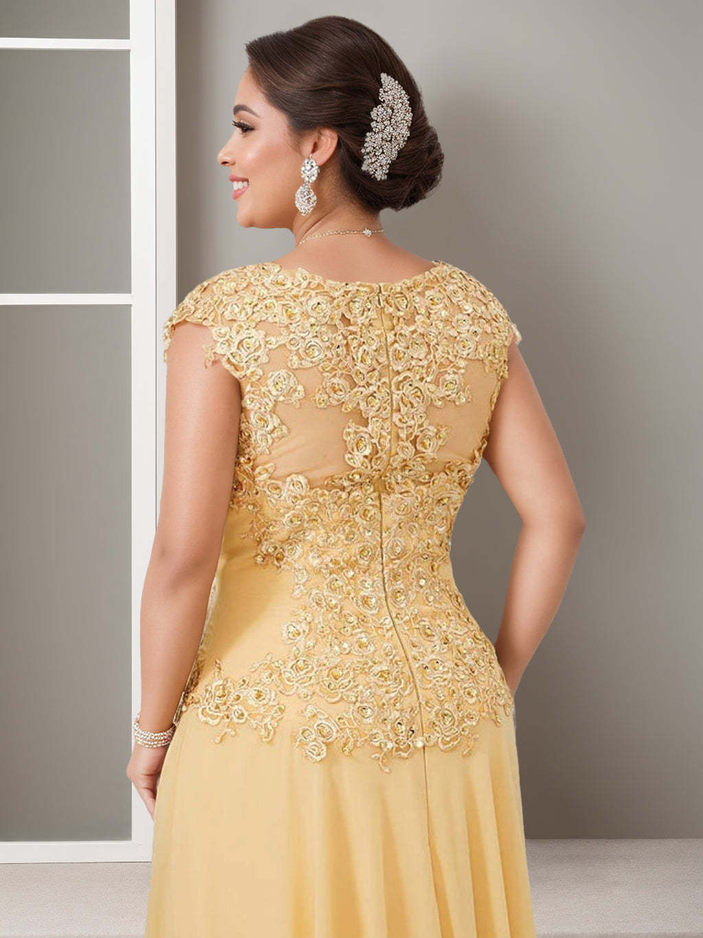 Elegant Plus Size Mother of the Bride A-Line Floor-Length Dress with Jewel Neck and Beading Appliques-BMbridal.UK