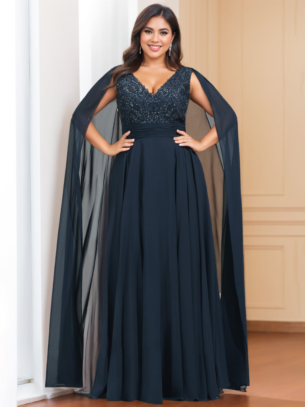 Plus Size Sleeveless V-Neck A-Line Princess Mother of the Bride Dress with Floor-Length Sequins & Watteau Train-BMbridal.UK