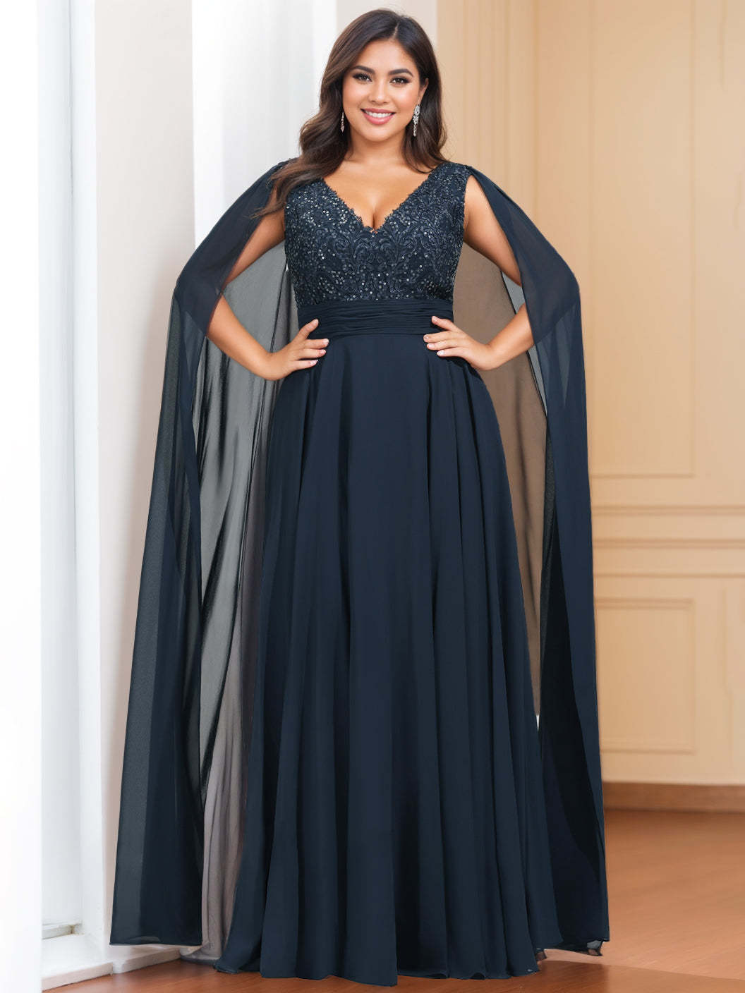 Plus Size Sleeveless V-Neck A-Line Princess Mother of the Bride Dress with Floor-Length Sequins & Watteau Train-BMbridal.UK