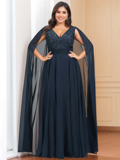 Plus Size Sleeveless V-Neck A-Line Princess Mother of the Bride Dress with Floor-Length Sequins & Watteau Train-BMbridal.UK