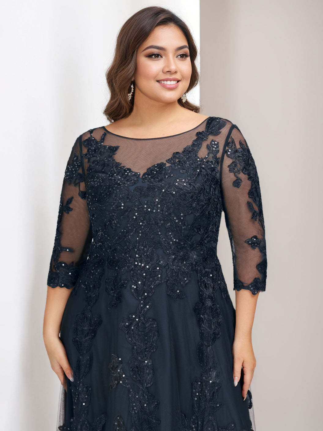 Plus Size Floor-Length Mother of the Bride A-Line Gown with 3/4 Sleeves and Sequins