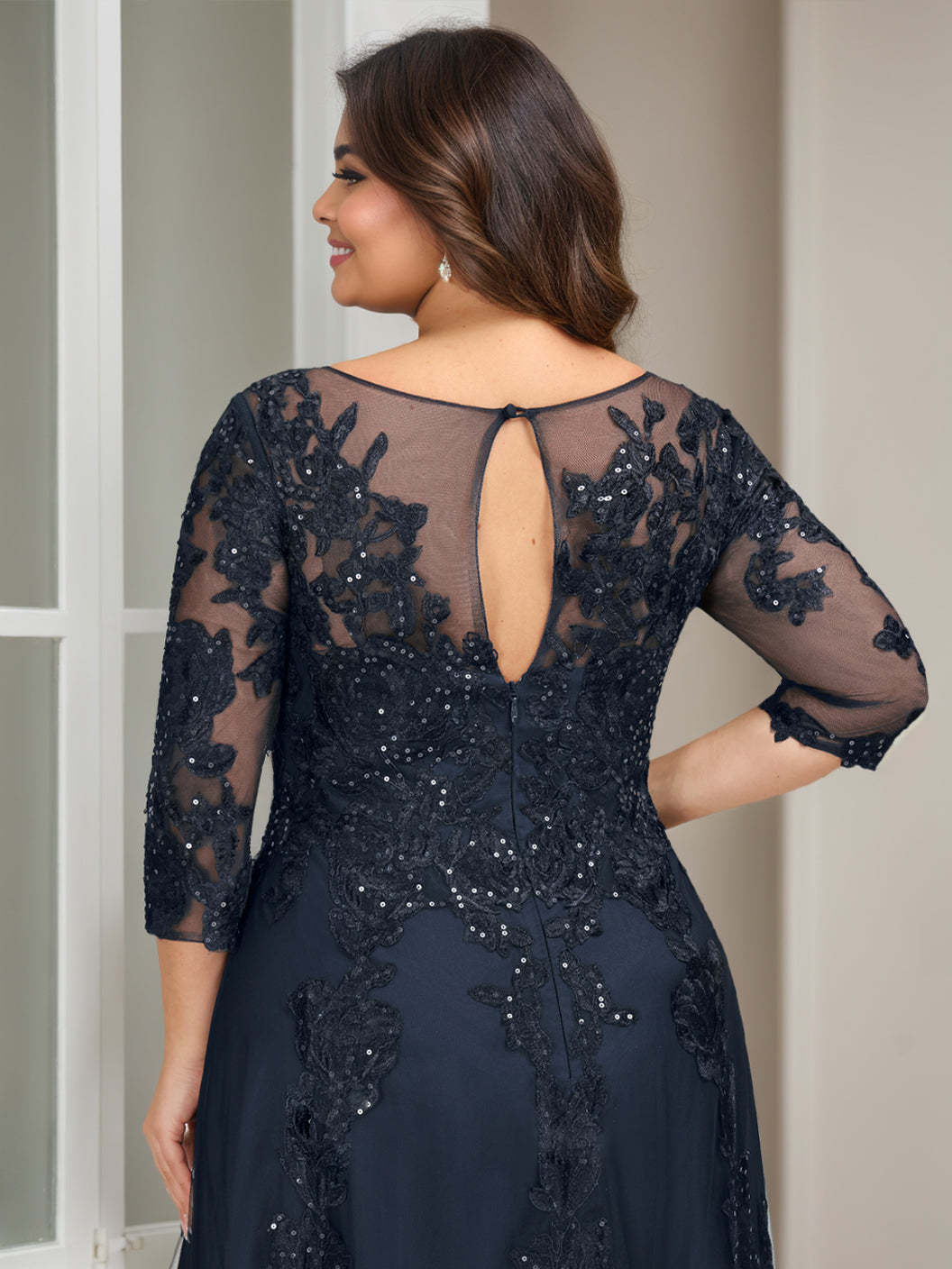 Plus Size Floor-Length Mother of the Bride A-Line Gown with 3/4 Sleeves and Sequins