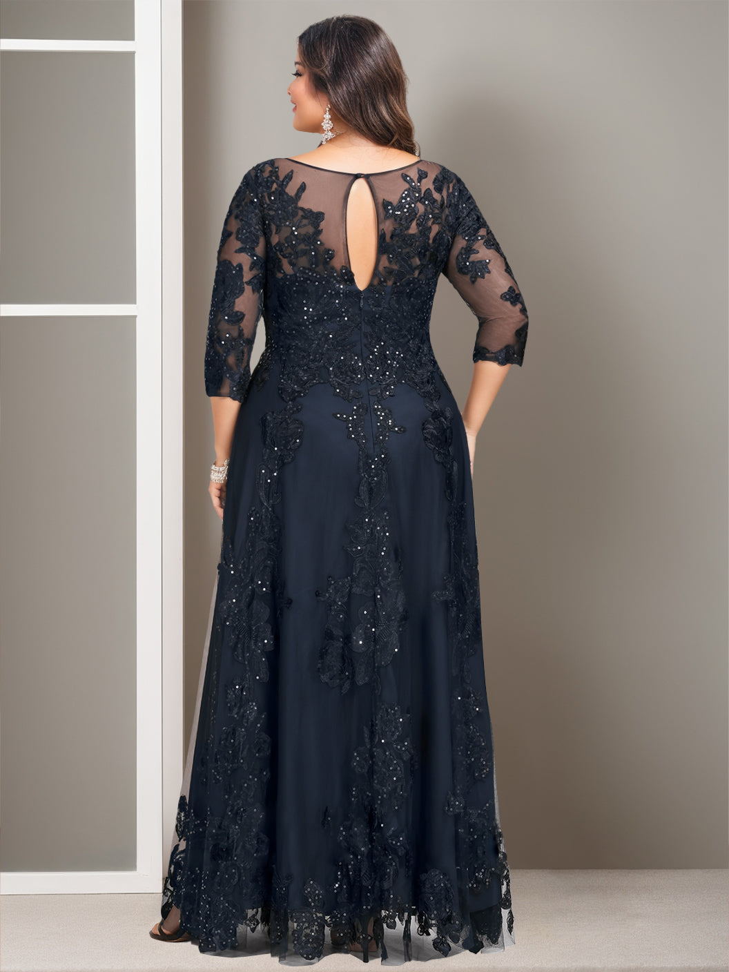 Plus Size Floor-Length Mother of the Bride A-Line Gown with 3/4 Sleeves and Sequins