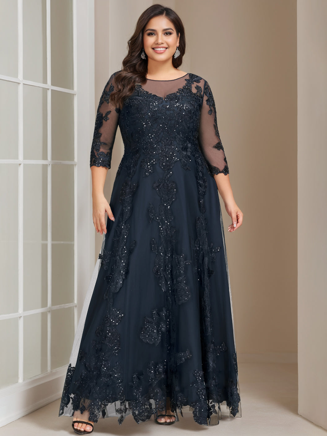 Plus Size Floor-Length Mother of the Bride A-Line Gown with 3/4 Sleeves and Sequins