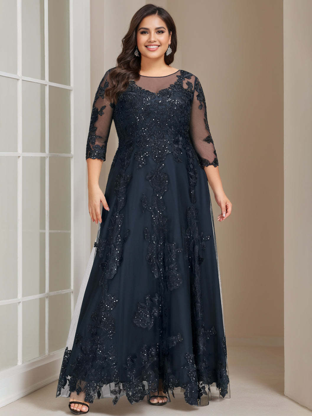 Plus Size Floor-Length Mother of the Bride A-Line Gown with 3/4 Sleeves and Sequins