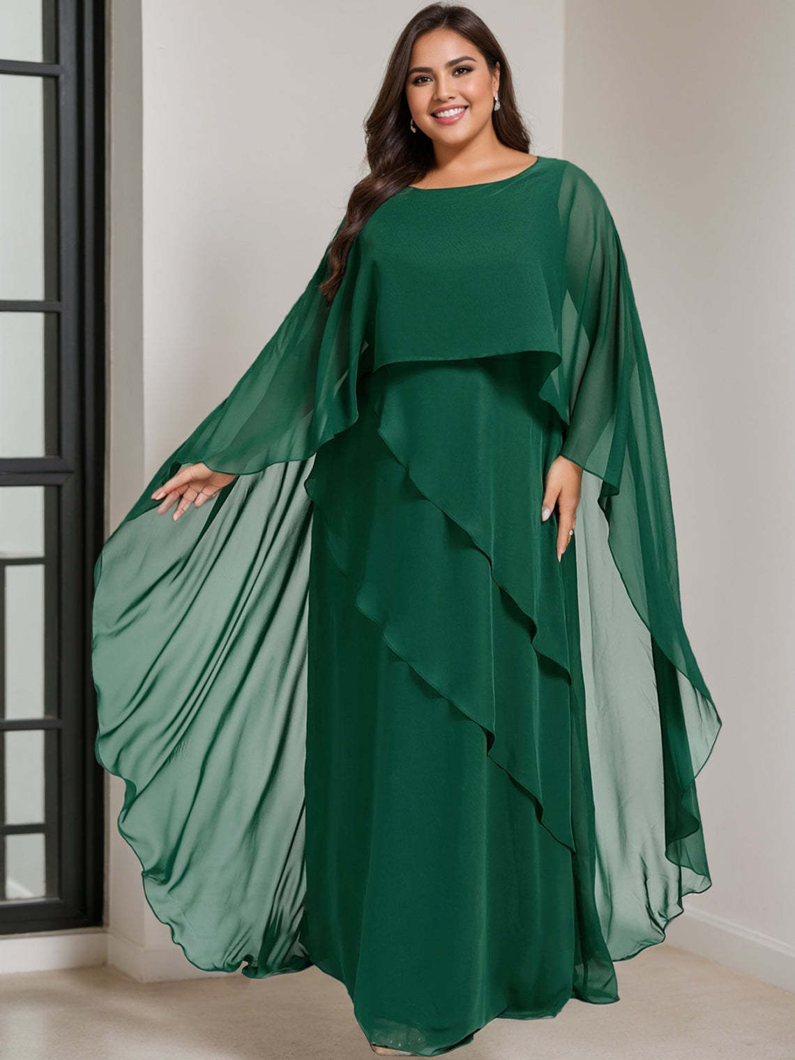 Plus Size Floor-Length Mother of the Bride A-Line Dress with Scoop Neck and Half Sleeves