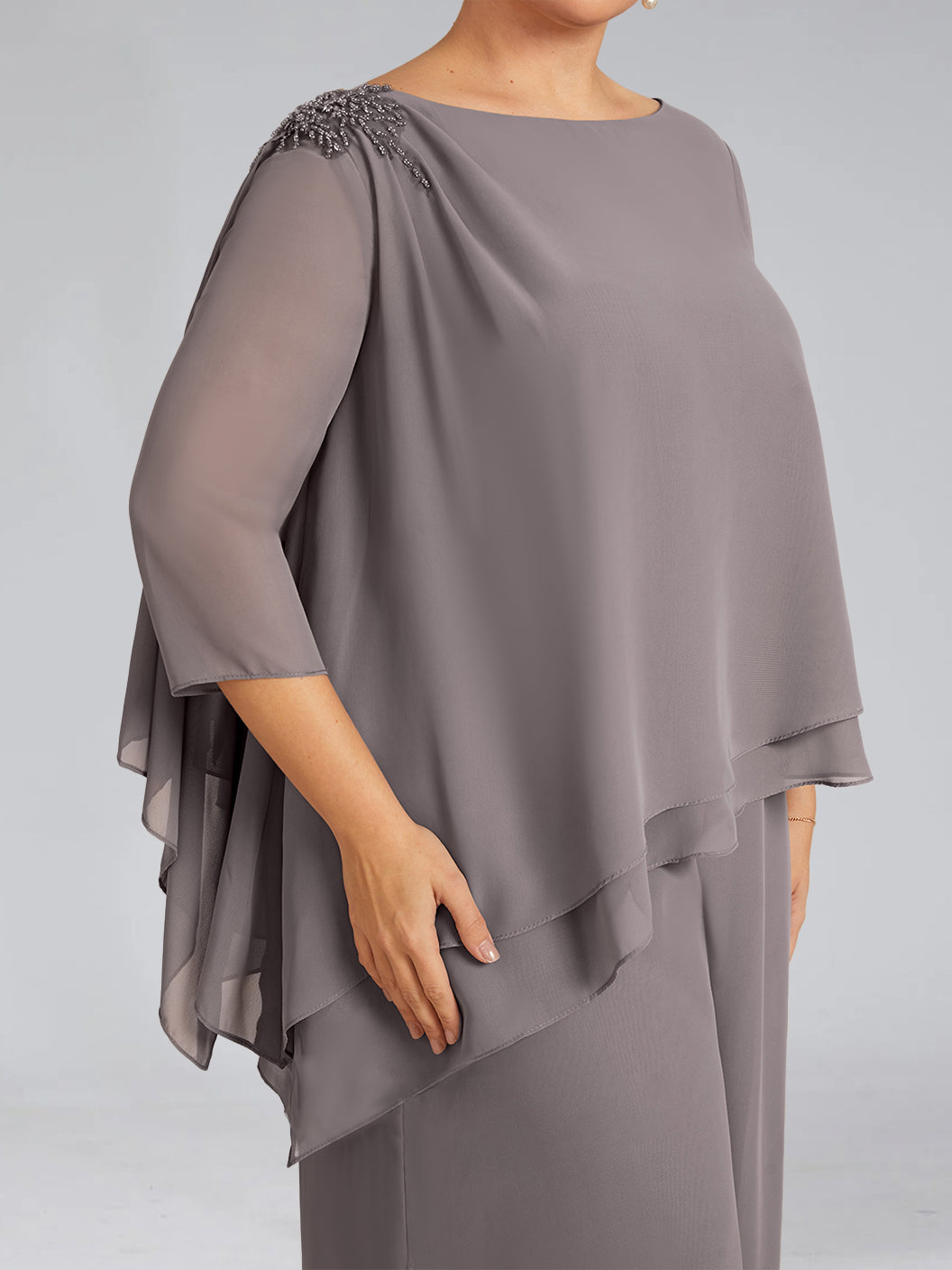 2-Piece Scoop Neck Chiffon Gown with 3/4 Sleeves and Beading for Plus-Size Mothers of the Bride