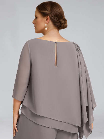 2-Piece Scoop Neck Chiffon Gown with 3/4 Sleeves and Beading for Plus-Size Mothers of the Bride