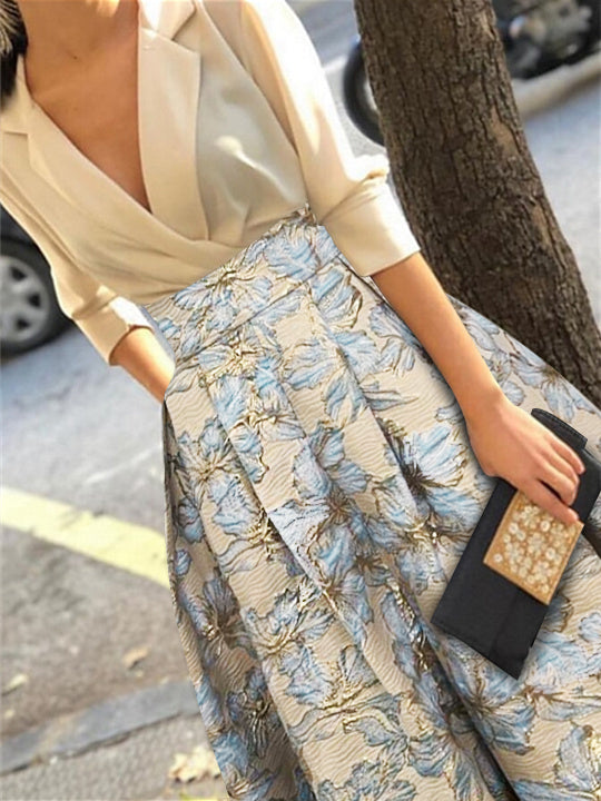 Printed Floral 3/4 Sleeve Shirt Collar A-Line Dress for Mother of the Bride & Groom-BMbridal