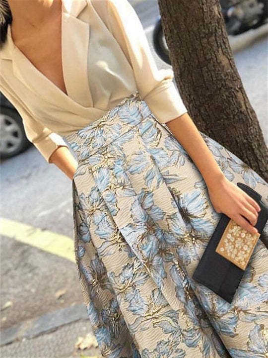 Printed Floral 3/4 Sleeve Shirt Collar A-Line Dress for Mother of the Bride & Groom-BMbridal