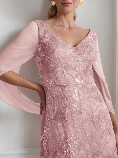 V-Neck A-Line Princess Ankle-Length Mother of the Bride Dress in Solid Color with Lace and Half Sleeves-BMbridal.UK