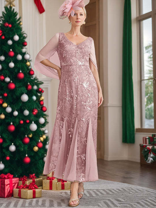 V-Neck A-Line Princess Ankle-Length Mother of the Bride Dress in Solid Color with Lace and Half Sleeves-BMbridal.UK